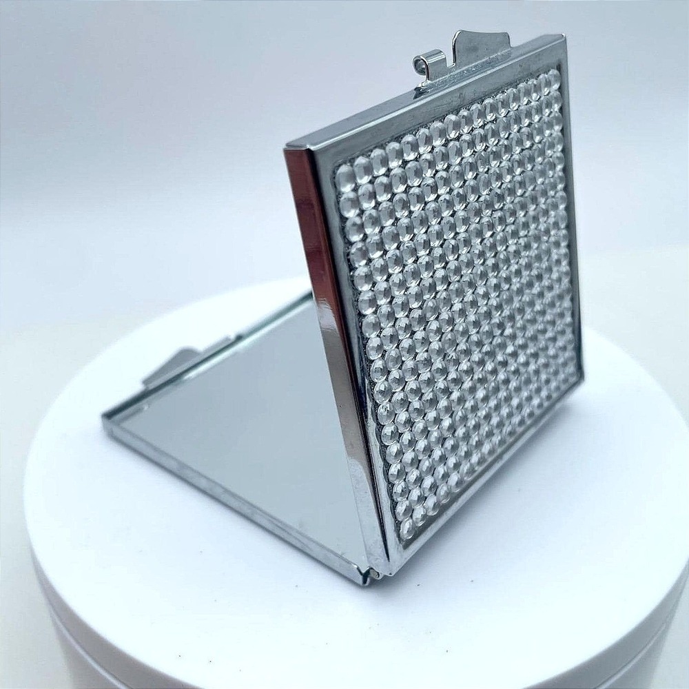 Classic Silver-Tone Rhinestones Embellished Square Compact Pocket Makeup Mirror